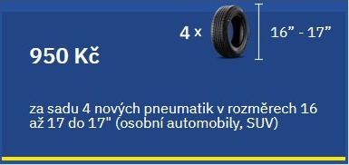v kategorií osobních automobilů, lehkých užitkových vozidel (Agilis) a SUV o velikosti 16–17” – 950 Kč (slovy: devět set padesát korun českých)
